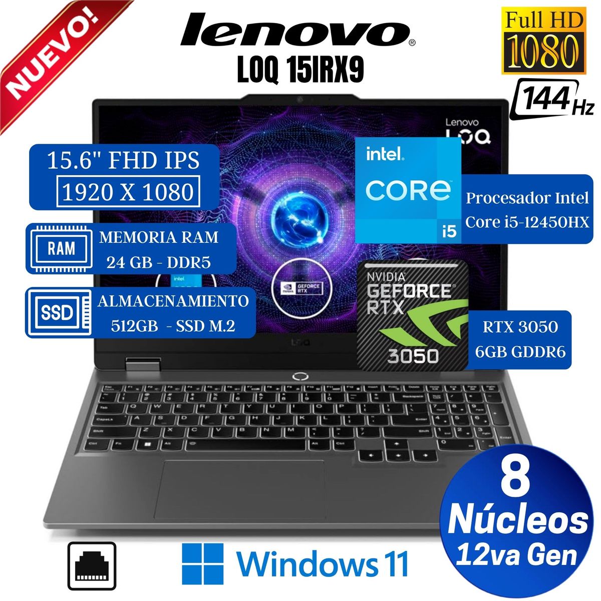 LENOVO - Laptop Lenovo LOQ 15IAX9 15.6” FHD IPS, Core i5-12450HX, Ram 24GB, 512GB SSD, RTX 3050 6GB, Win 11