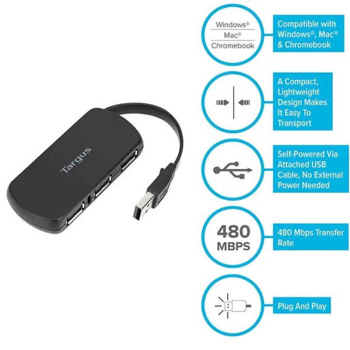 TARGUS - Hub USB Targus 4 Port 2.0-ACH114US Negro