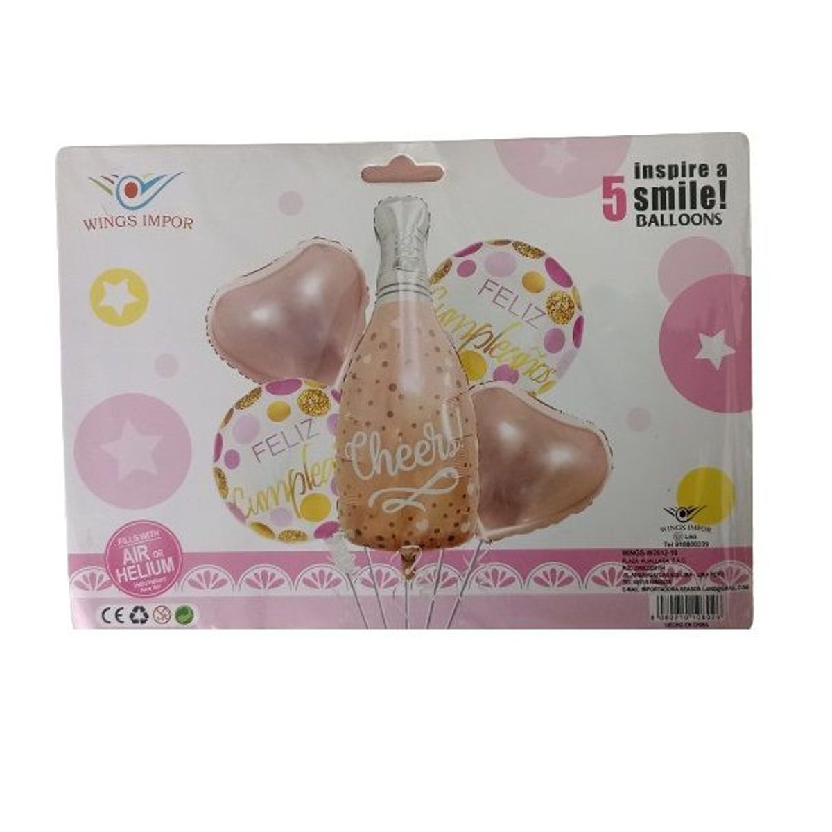 GENERICO - Set x 5 globos para mujer feliz cumpleaños botella oro rosa