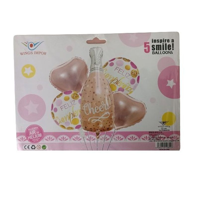 GENERICO - Set x 5 globos para mujer feliz cumpleaños botella oro rosa