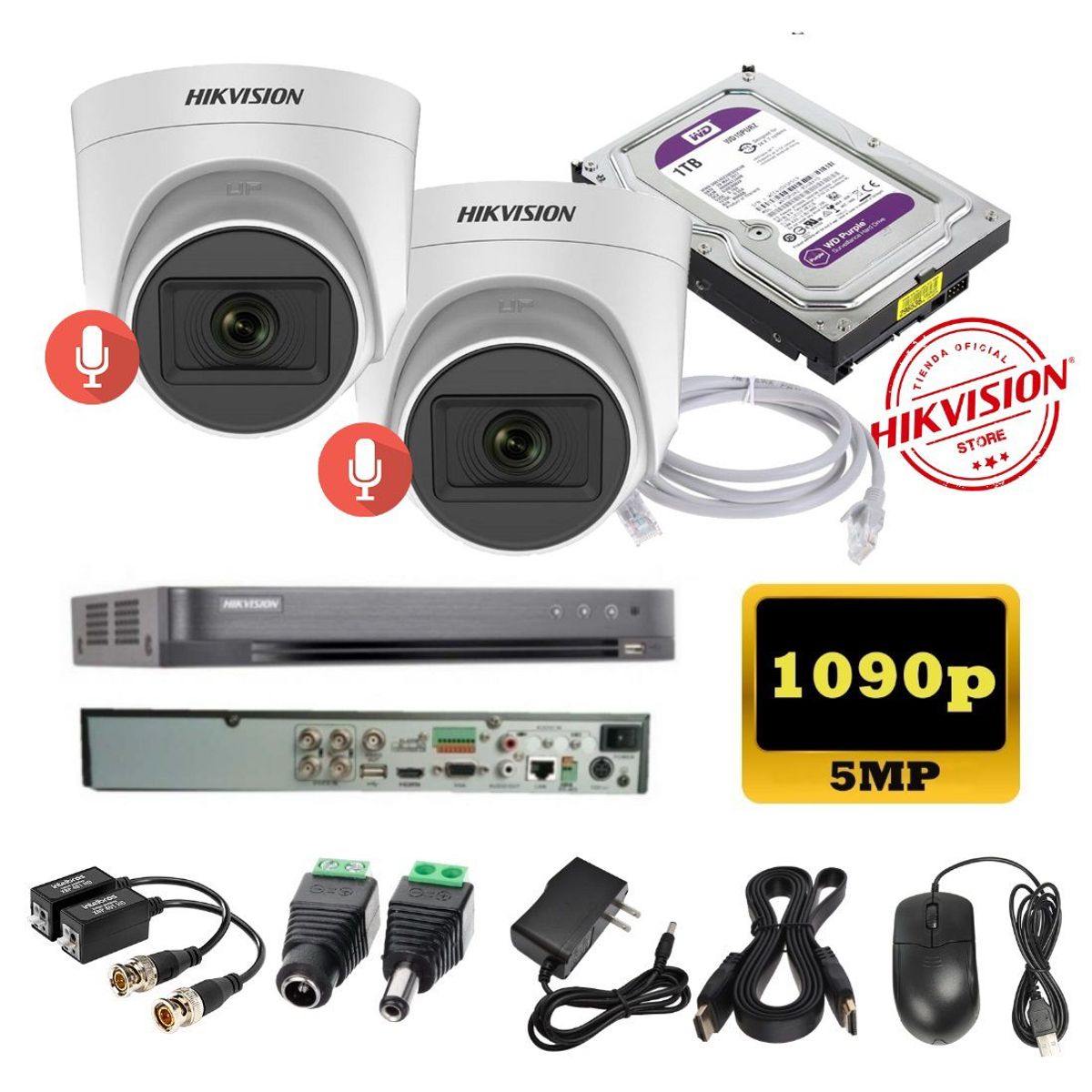 HIKVISION - kit 2 Cámaras Seguridad Domo 5mpx DVR HUHI Hikvision + 1TB + AUDIO