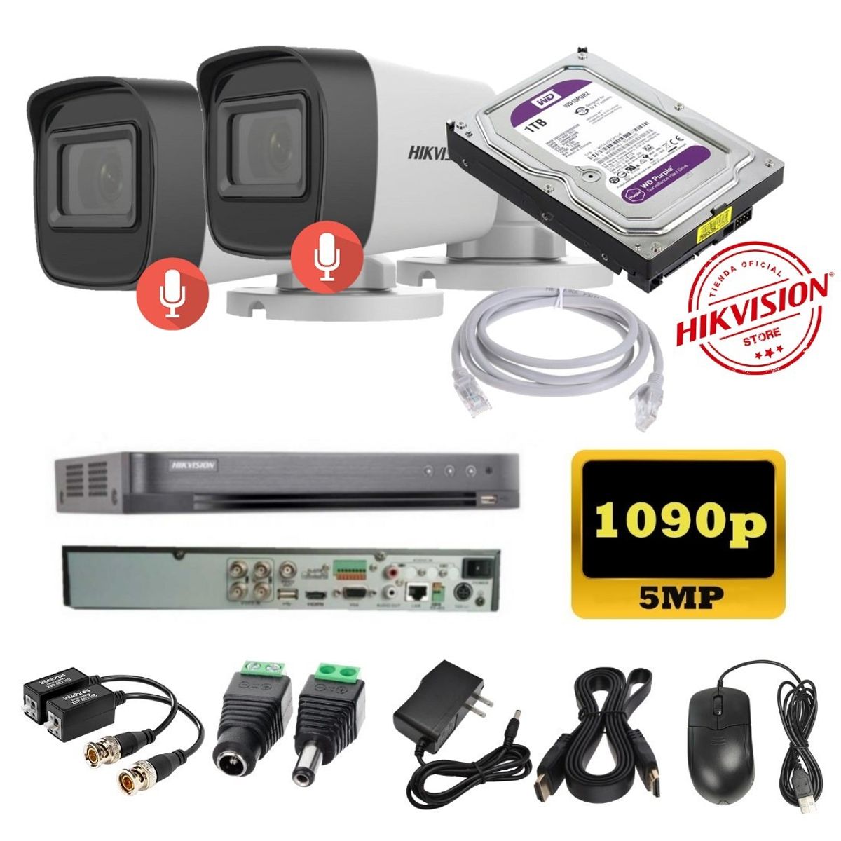 HIKVISION - kit 2 Cámaras Seguridad Tubo 5mpx DVR HUHI Hikvision + 1TB + AUDIO