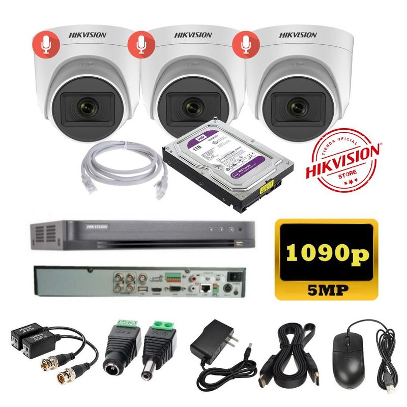 HIKVISION - kit 3 Cámaras Seguridad Domo 5mpx DVR HUHI Hikvision + 1TB + AUDIO