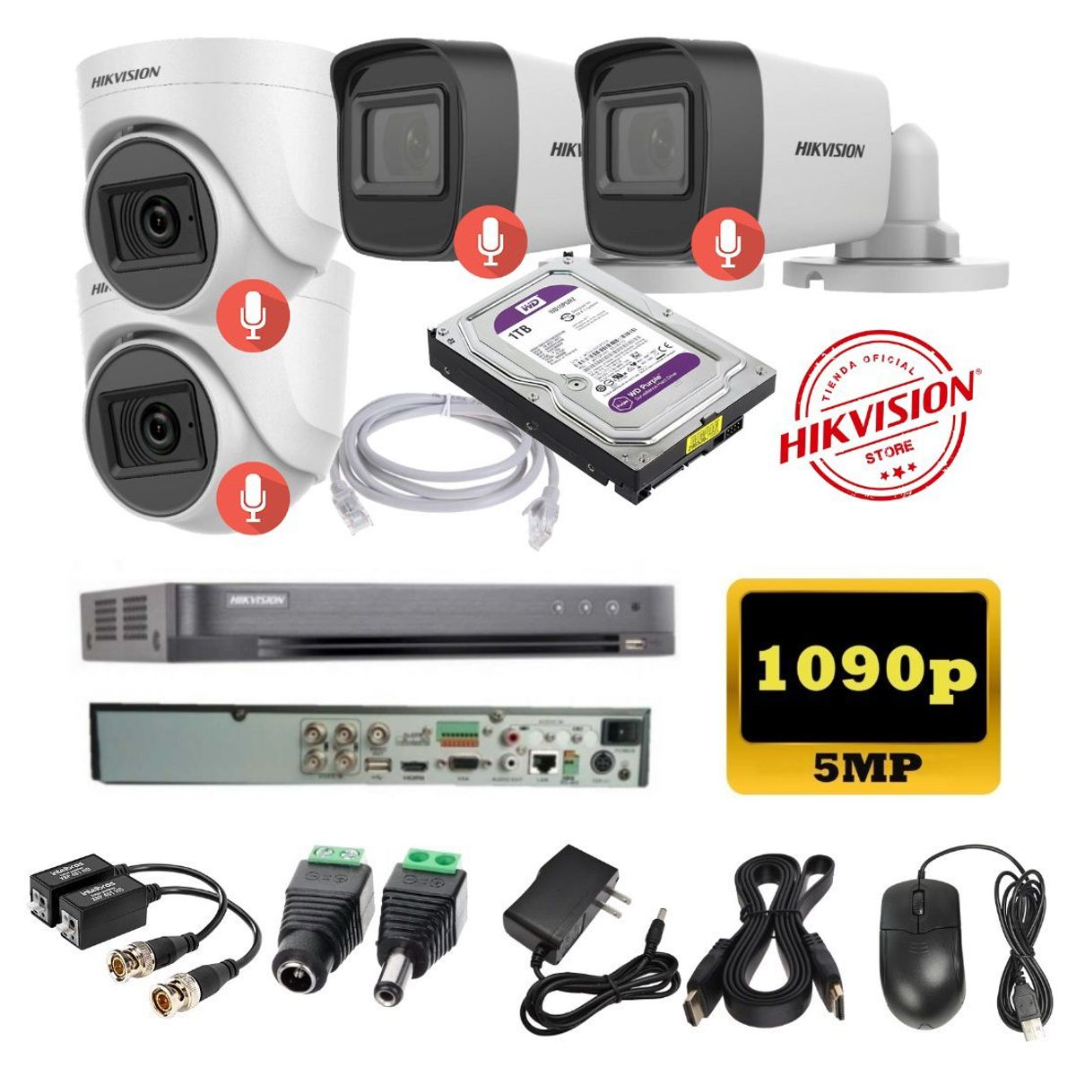 HIKVISION - kit 4 Cámaras Seguridad 5mpx DVR HUHI Hikvision + 1TB + AUDIO