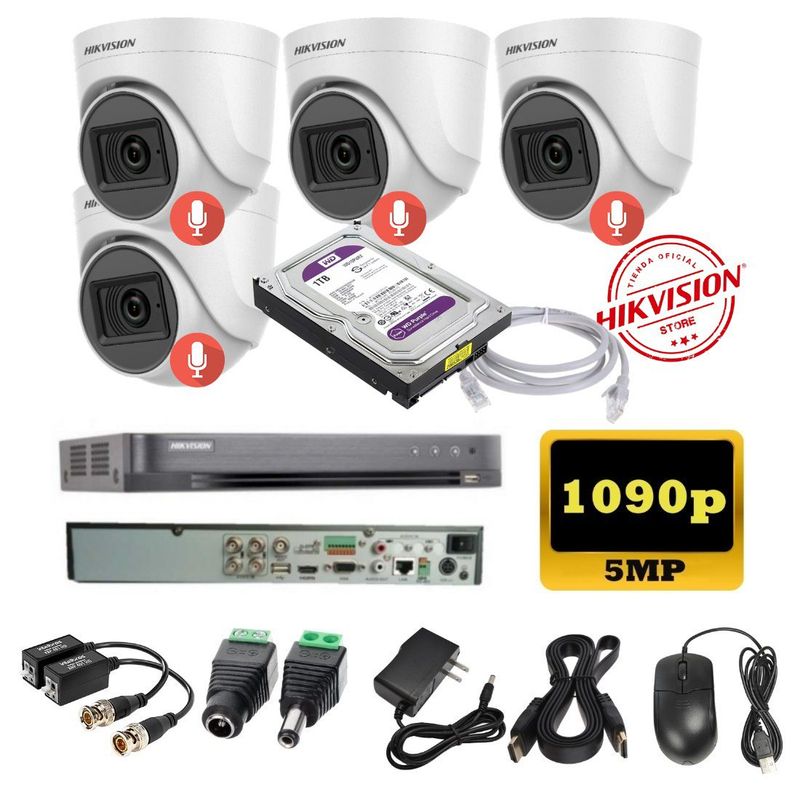 HIKVISION - kit 4 Cámaras Seguridad Domo 5mpx DVR HUHI Hikvision + 1TB + AUDIO