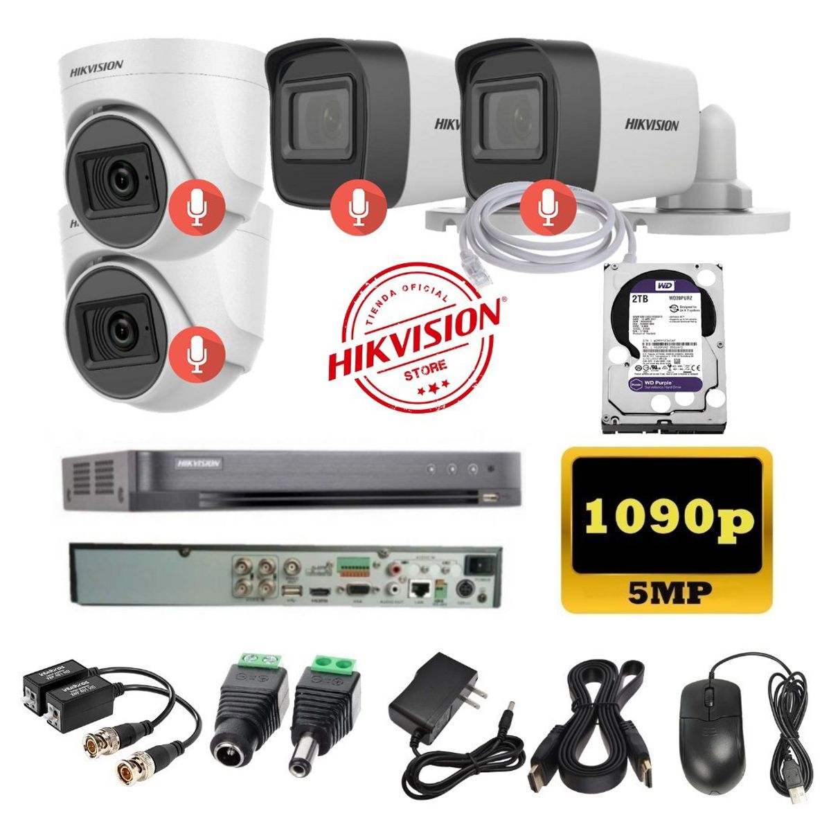 HIKVISION - kit 4 Cámaras Seguridad 5mpx DVR HUHI Hikvision + 2TB + AUDIO