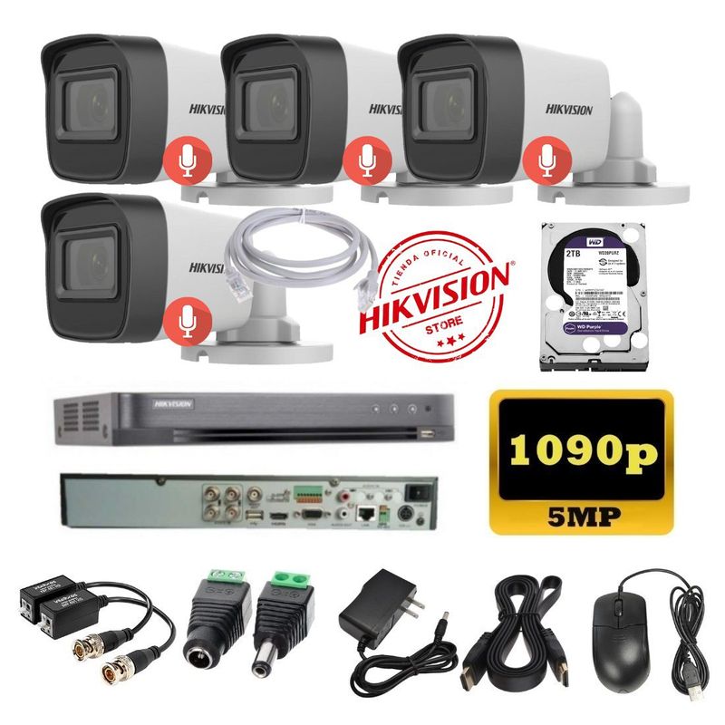 HIKVISION - kit 4 Cámaras Seguridad Tubo 5mpx DVR HUHI Hikvision + 2TB + AUDIO