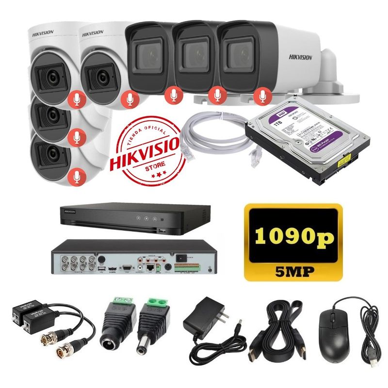 HIKVISION - kit 7 Cámaras Seguridad 5mpx DVR HUHI Hikvision + 1TB + AUDIO