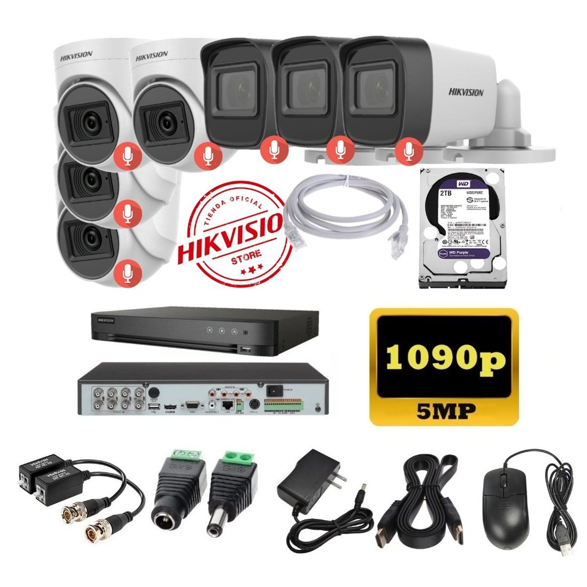 HIKVISION - kit 7 Cámaras Seguridad 5mpx DVR HUHI Hikvision + 2TB + AUDIO