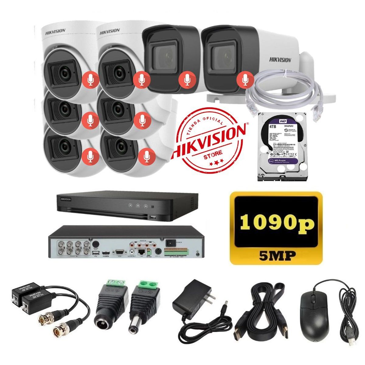 HIKVISION - kit 8 Cámaras Seguridad 5mpx DVR HUHI Hikvision + 4TB + AUDIO
