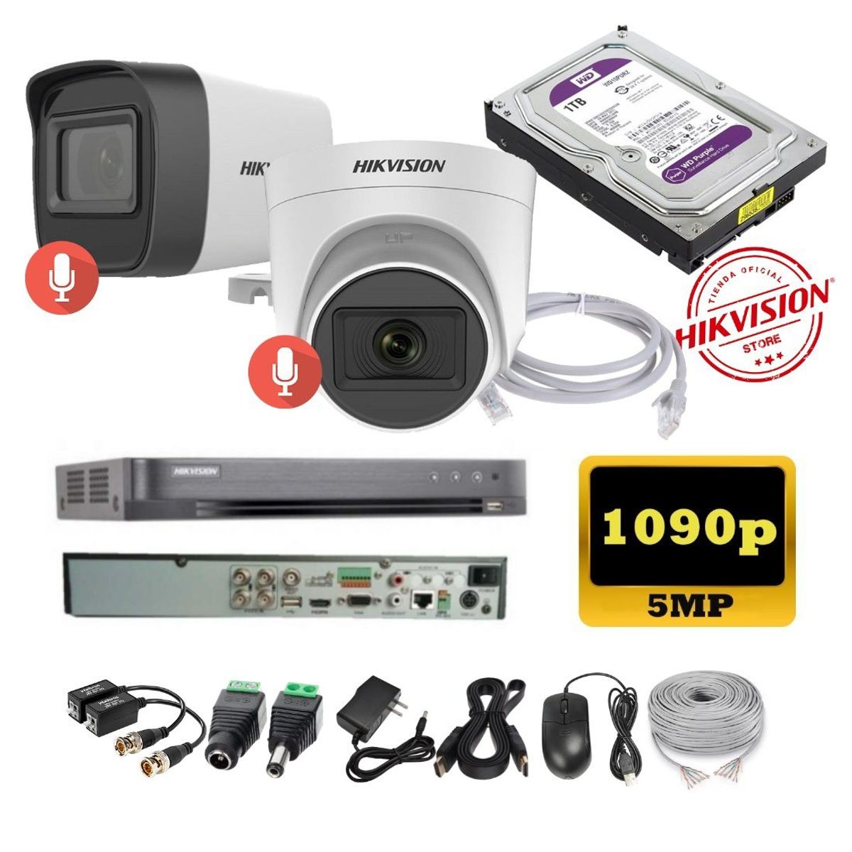 HIKVISION - kit 2 Cámaras Seguridad 5mpx DVR HUHI Hikvision + 1TB + AUDIO + Cable