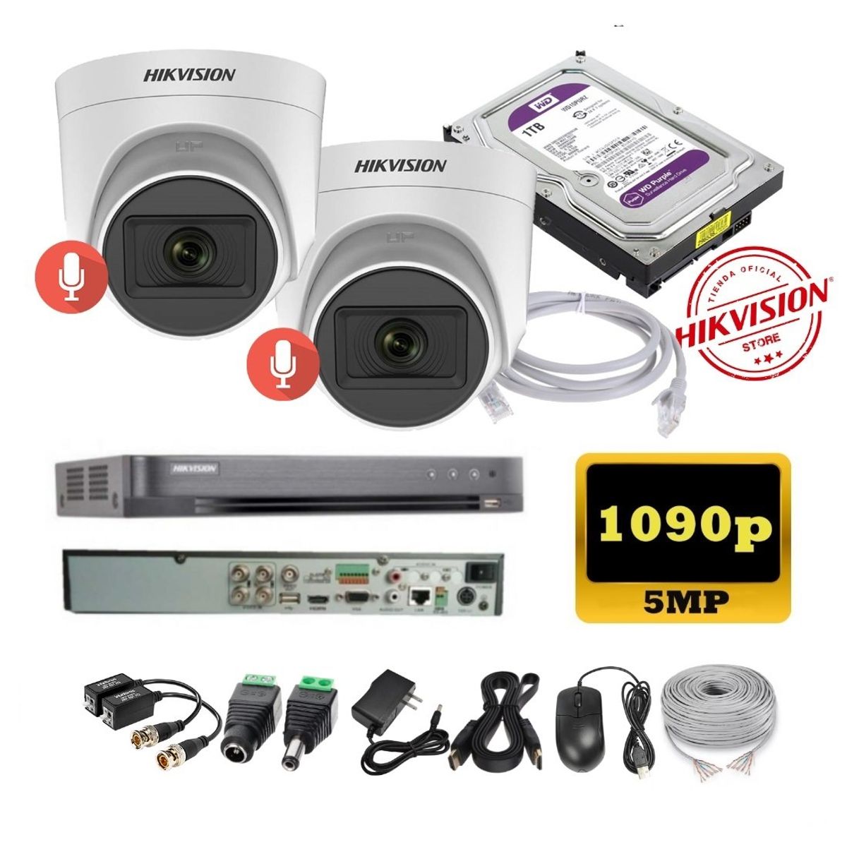 HIKVISION - kit 2 Cámaras Seguridad Domo 5mpx DVR HUHI Hikvision + 1TB + AUDIO + Cable