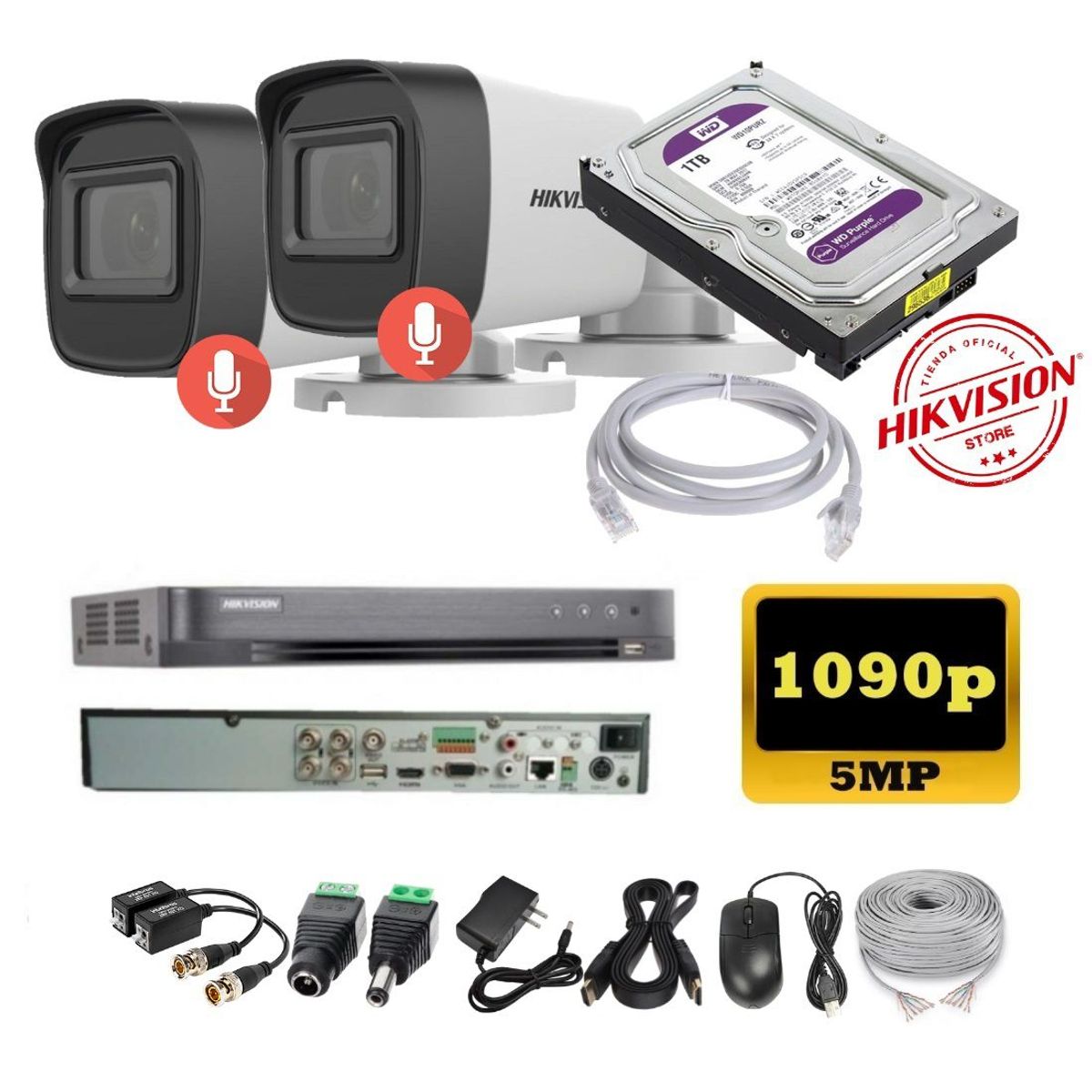 HIKVISION - kit 2 Cámaras Seguridad Tubo 5mpx DVR HUHI Hikvision + 1TB + AUDIO + Cable