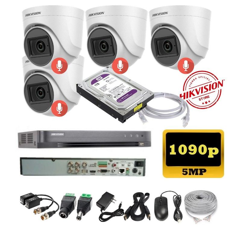 HIKVISION - kit 4 Cámaras Seguridad Domo 5mpx DVR HUHI Hikvision + 1TB + AUDIO + Cable