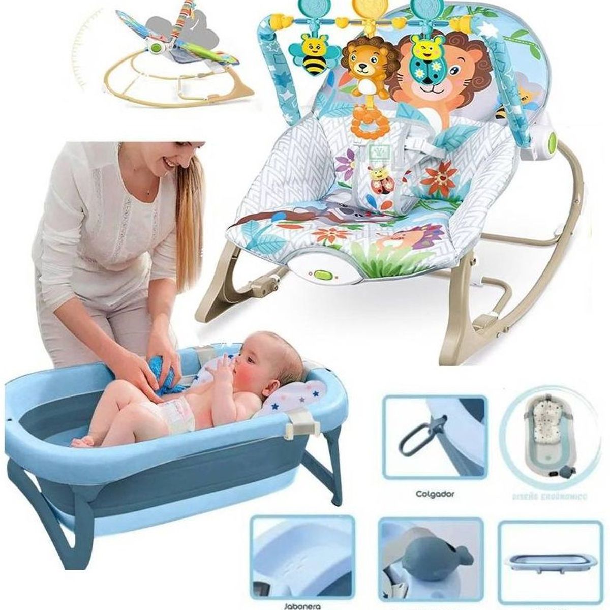 BABY KITS - Tina de Baño con Termómetro JELLY azul y Mecedora Leon