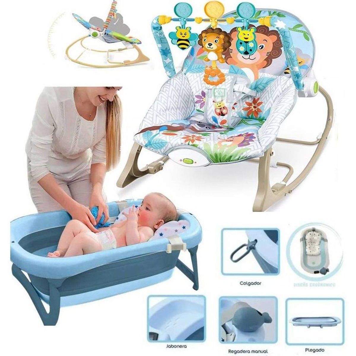 BABY KITS - Tina de Baño con Termómetro JELLY azul y Mecedora Leon