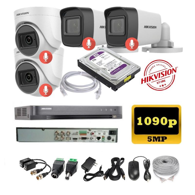 HIKVISION - kit 4 Cámaras Seguridad 5mpx DVR HUHI Hikvision + 1TB + AUDIO + Cable