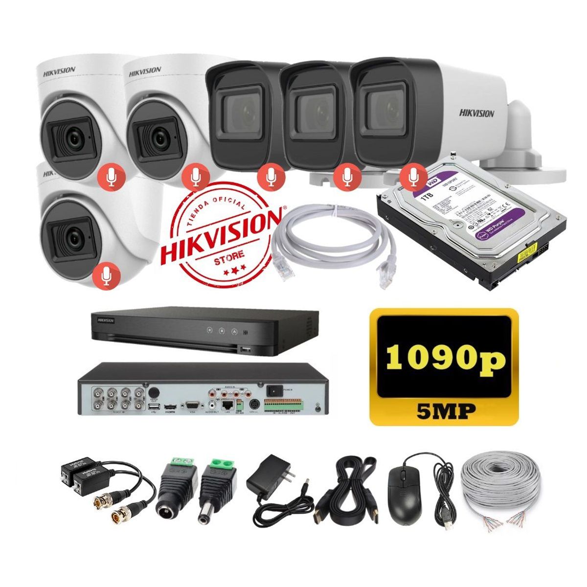 HIKVISION - kit 6 Cámaras Seguridad 5mpx DVR HUHI Hikvision + 1TB + AUDIO + Cable