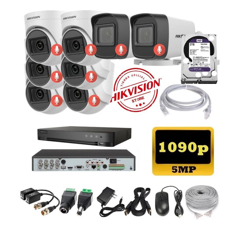 HIKVISION - kit 8 Cámaras Seguridad 5mpx DVR HUHI Hikvision + 2TB + AUDIO + Cable