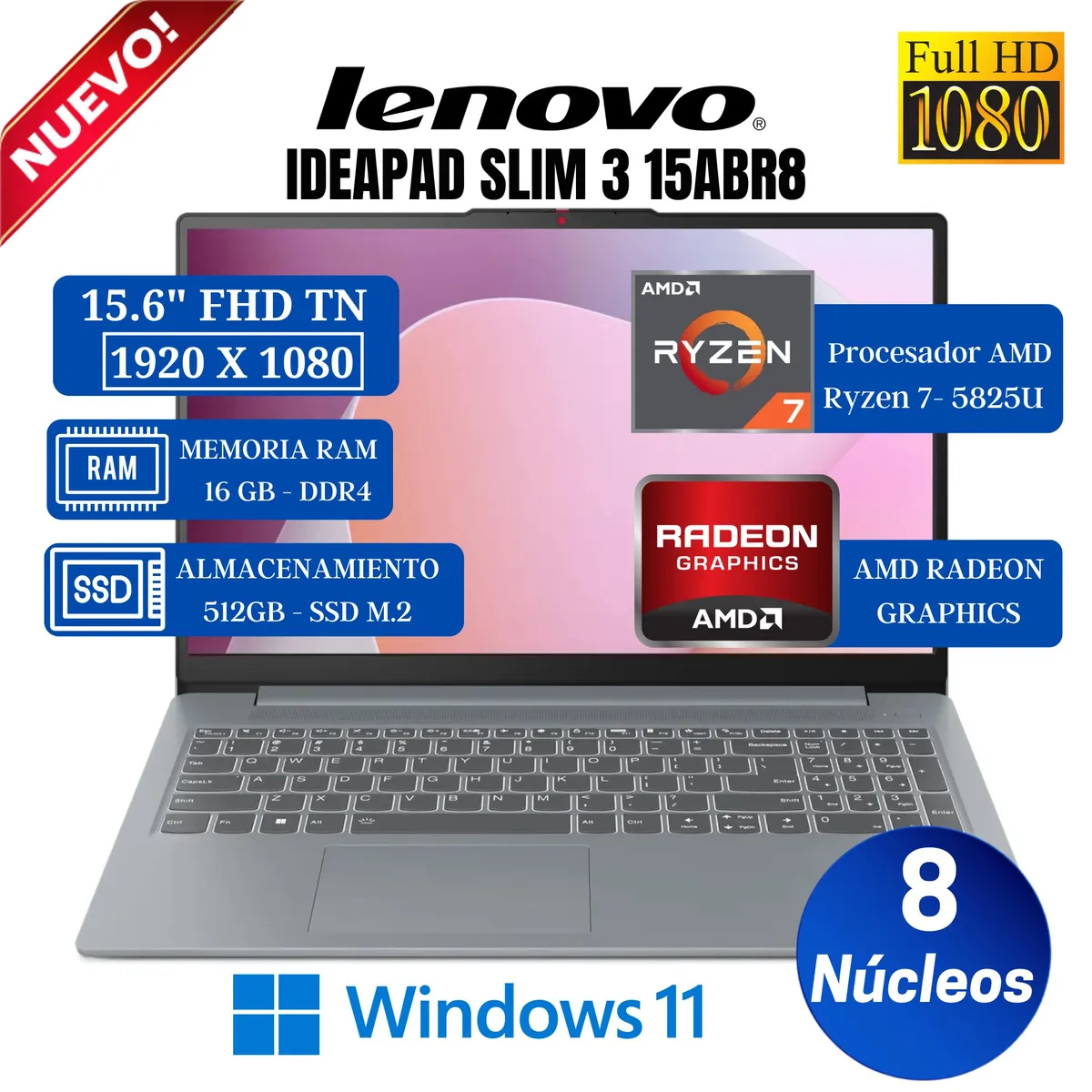 LENOVO - Laptop IdeaPad Slim 3 15ABR8 15.6” FHD TN, AMD Ryzen 7-5852U, Ram 16GB, SSD 512GB, Win 11 Pro