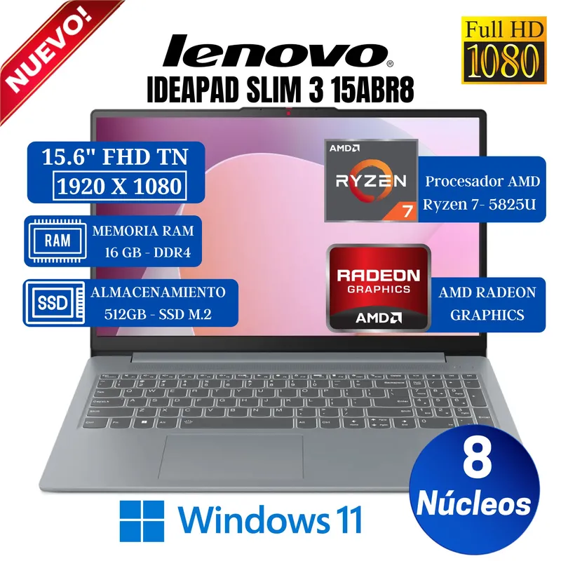 LENOVO - Laptop IdeaPad Slim 3 15ABR8 15.6” FHD TN, AMD Ryzen 7-5852U, Ram 16GB, SSD 512GB, Win 11 Pro