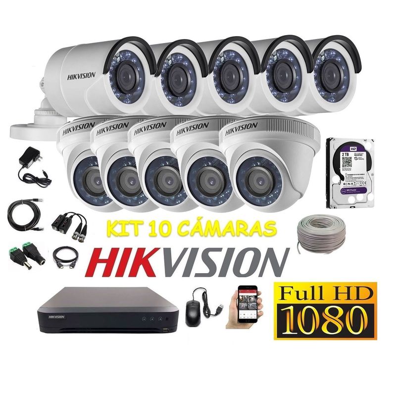 HIKVISION - kit 10 Cámaras Seguridad FULLHD Hikvision 2tb + cable