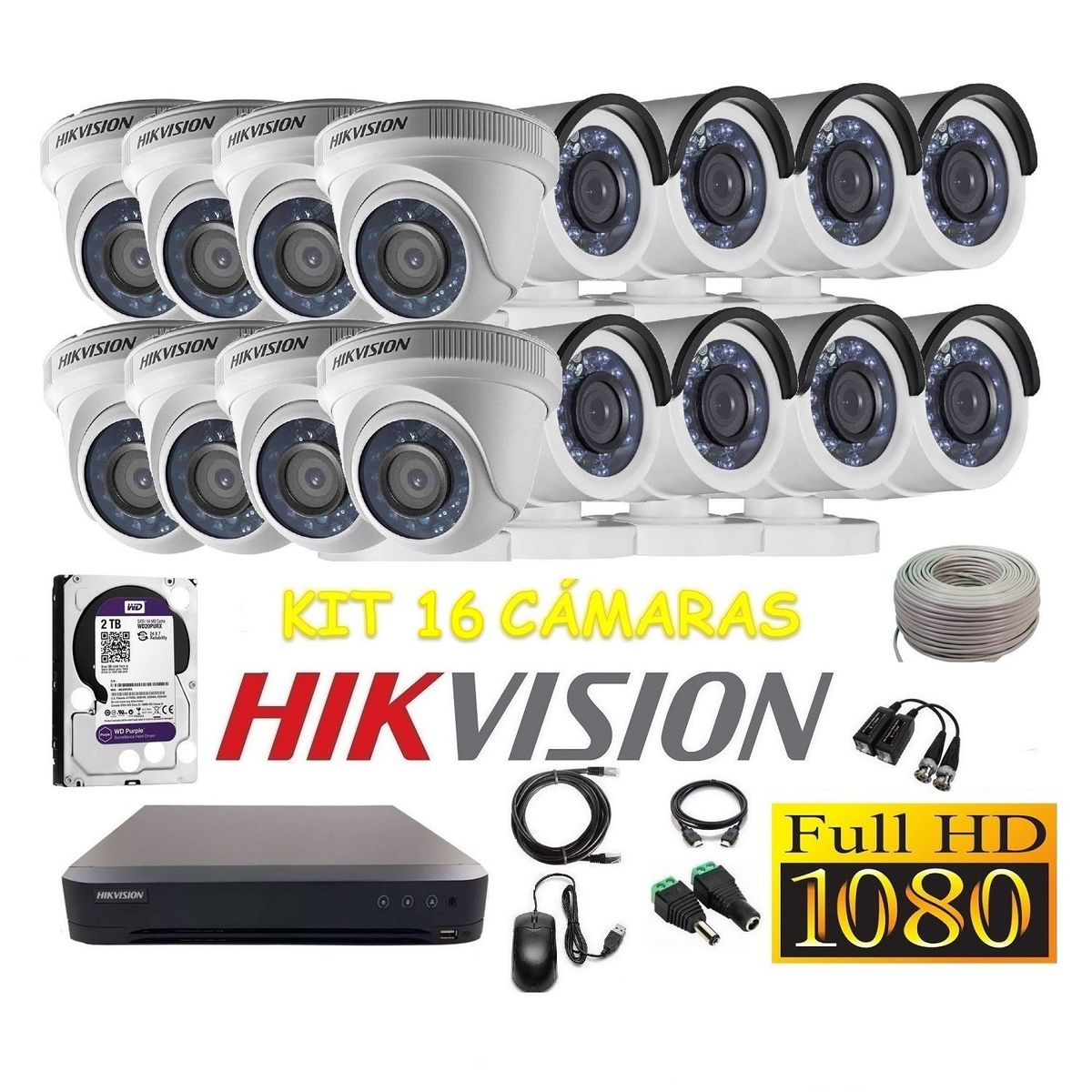 HIKVISION - kit 16 Cámaras Seguridad FULLHD Hikvision 2tb + cable