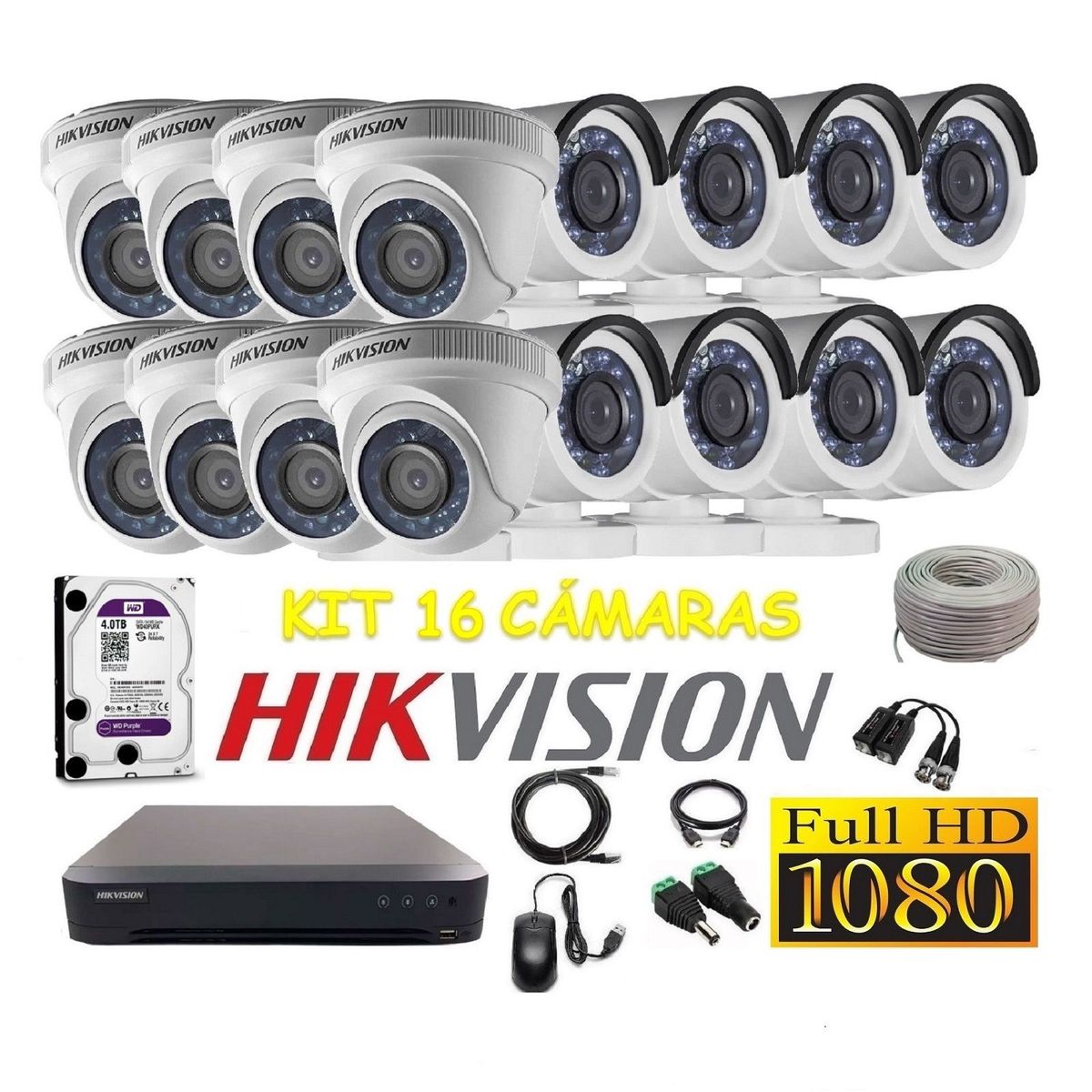 HIKVISION - kit 16 Cámaras Seguridad FULLHD Hikvision 4tb + cable
