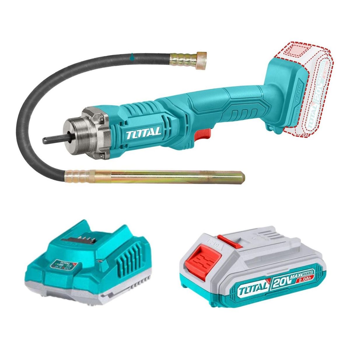 TOTAL TOOLS - Vibrador de concreto 20v + bateria + cargador y manguera Total