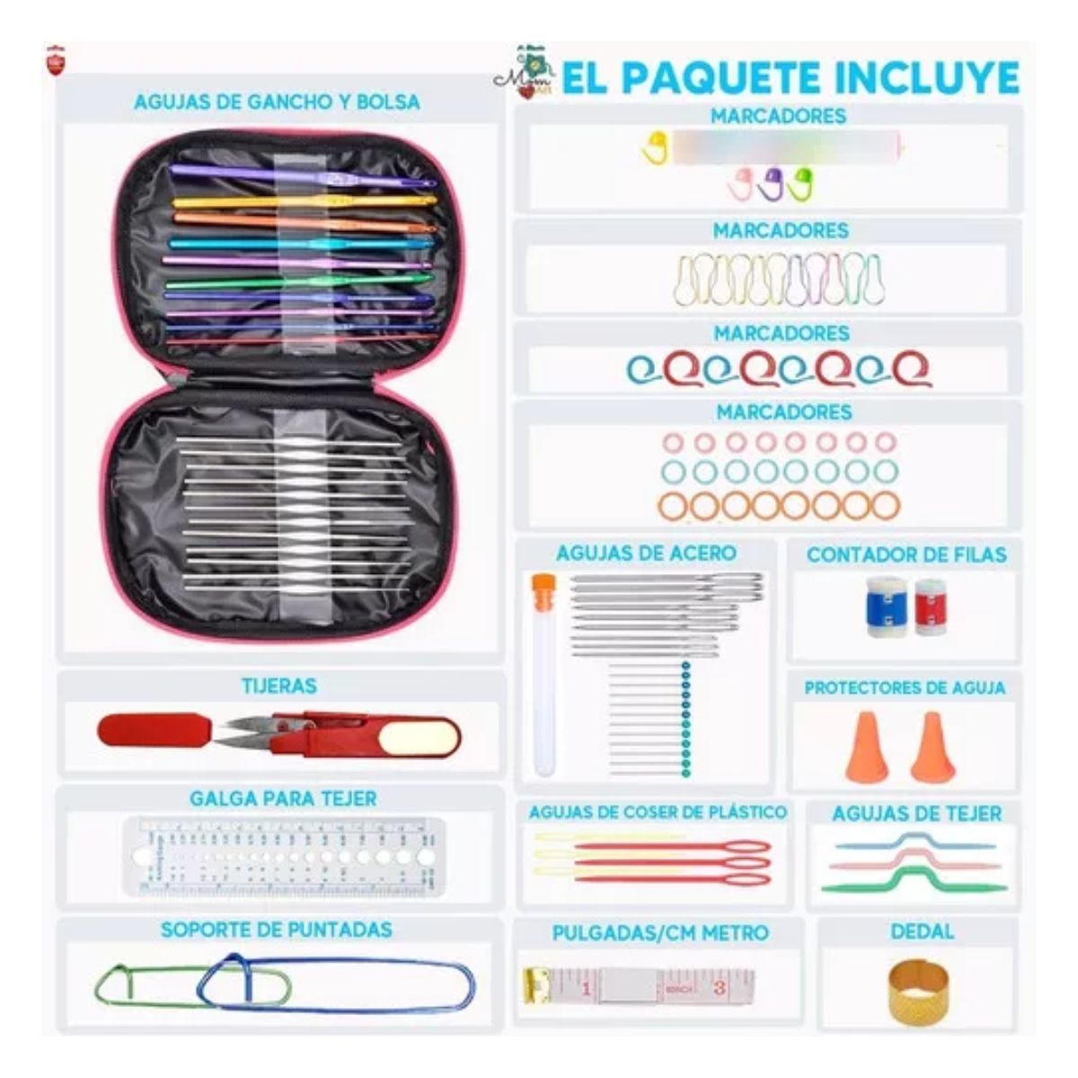 GENERICO - Kit 140 Piezas 22 Agujas Crochet Metálicas + Accesorios