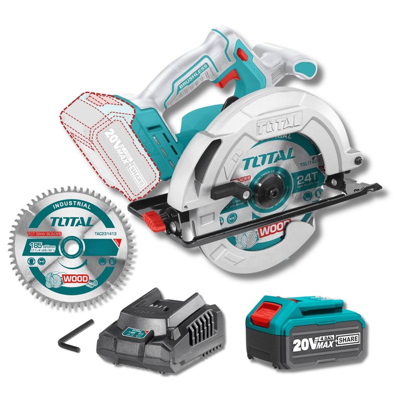 TOTAL TOOLS - Sierra Circular Inalambrica industrial 20V Bateria 4ah cargador Total