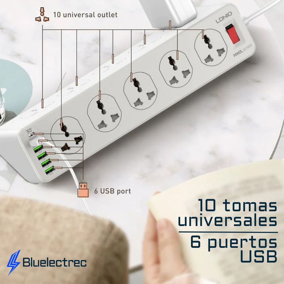 LDNIO - Extensión Toma Corriente Ldnio 10 Power Socket 6 USB SC10610