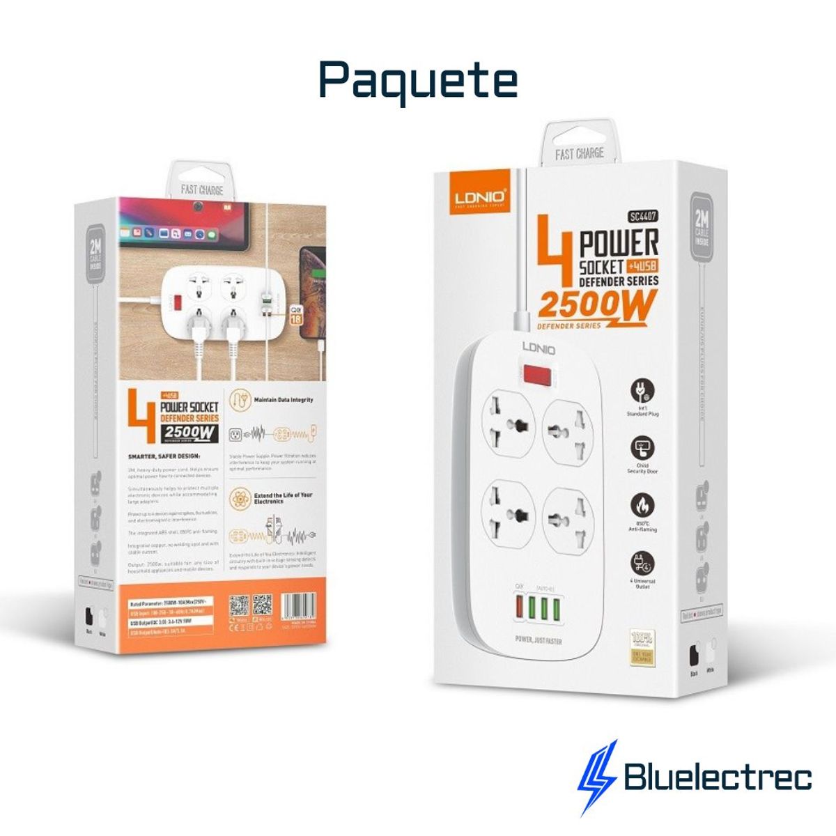 LDNIO - Extensión Toma Corriente Ldnio 4 Power Socket 4 USB SC4407