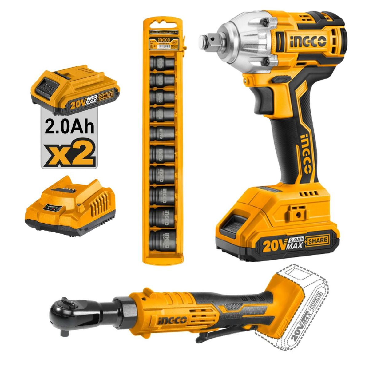 GENERICO - KIT LLAVE DE IMPACTO INGCO 20V LLAVE RATCHET 20V SET DADOS DE IMPACTO