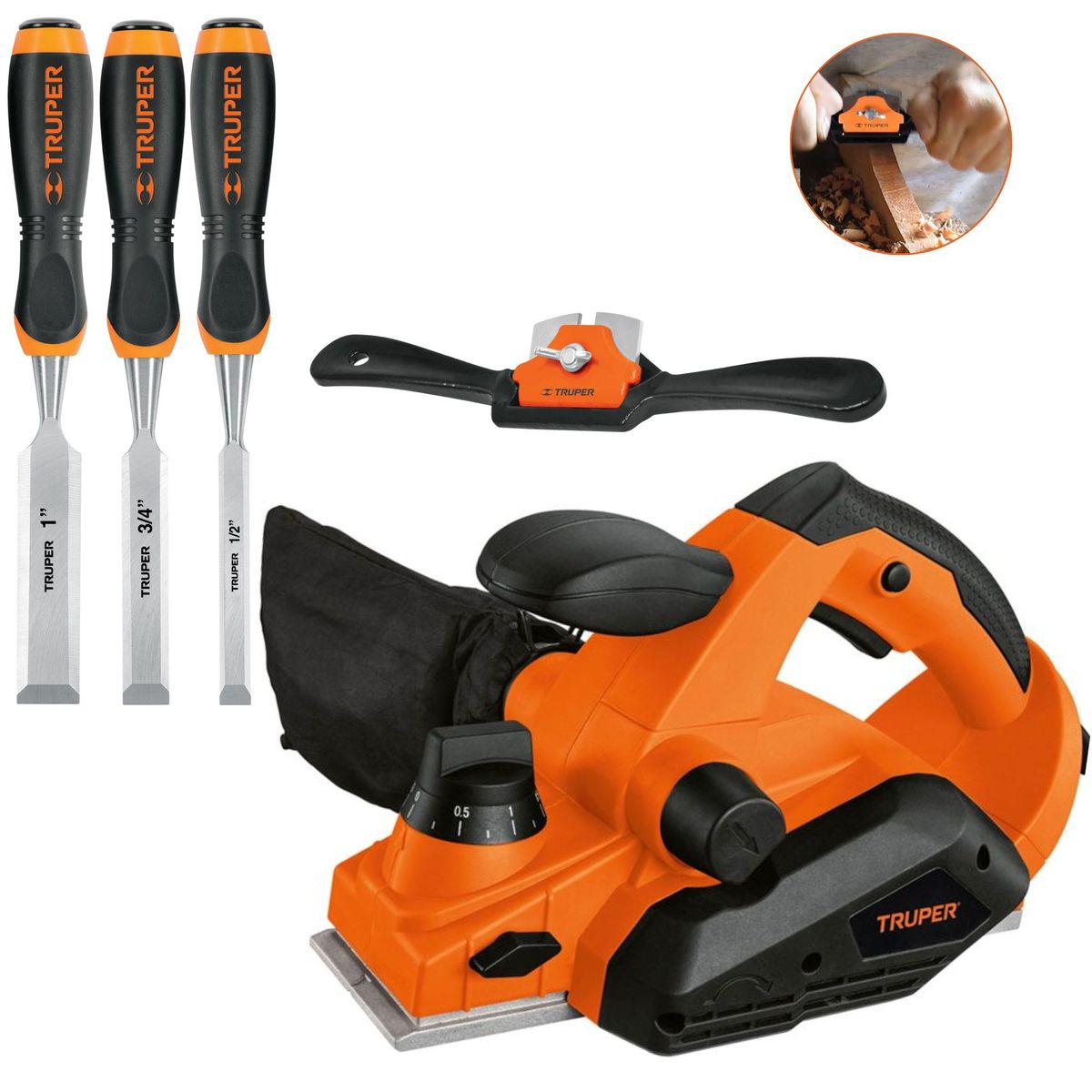 TRUPER - Combo cepillo eléctrico para carpintero cuchilla de vuelta formones