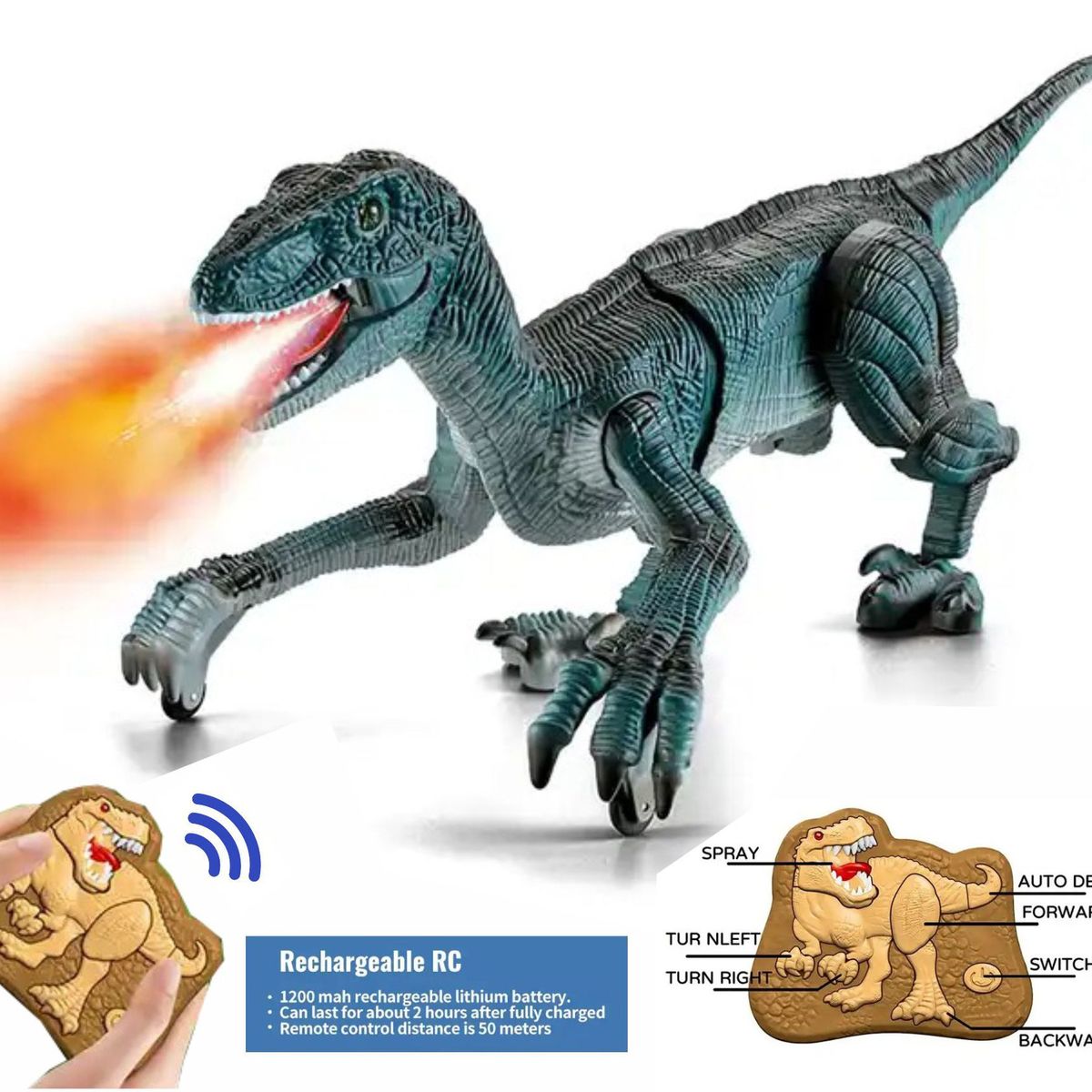 GENERICO - Dinosaurio a control remoto 24G Luces Led Sonidos y spray