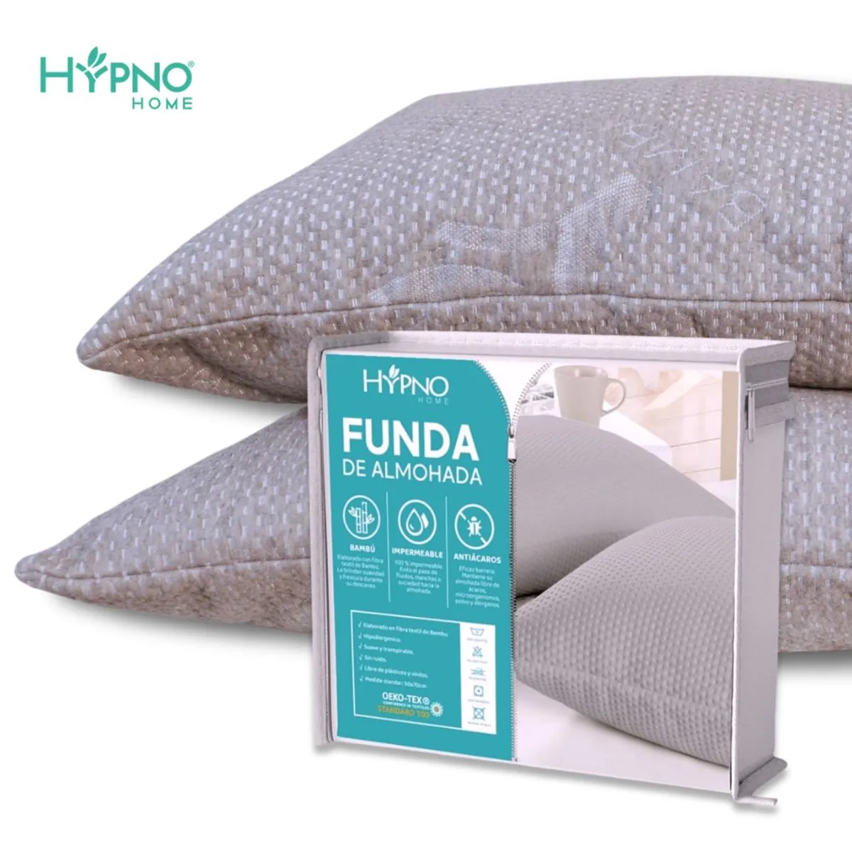 HYPNO HOME - Funda de Almohadas Impermeable 50x90cm De Bambú x2 Unids - Gris