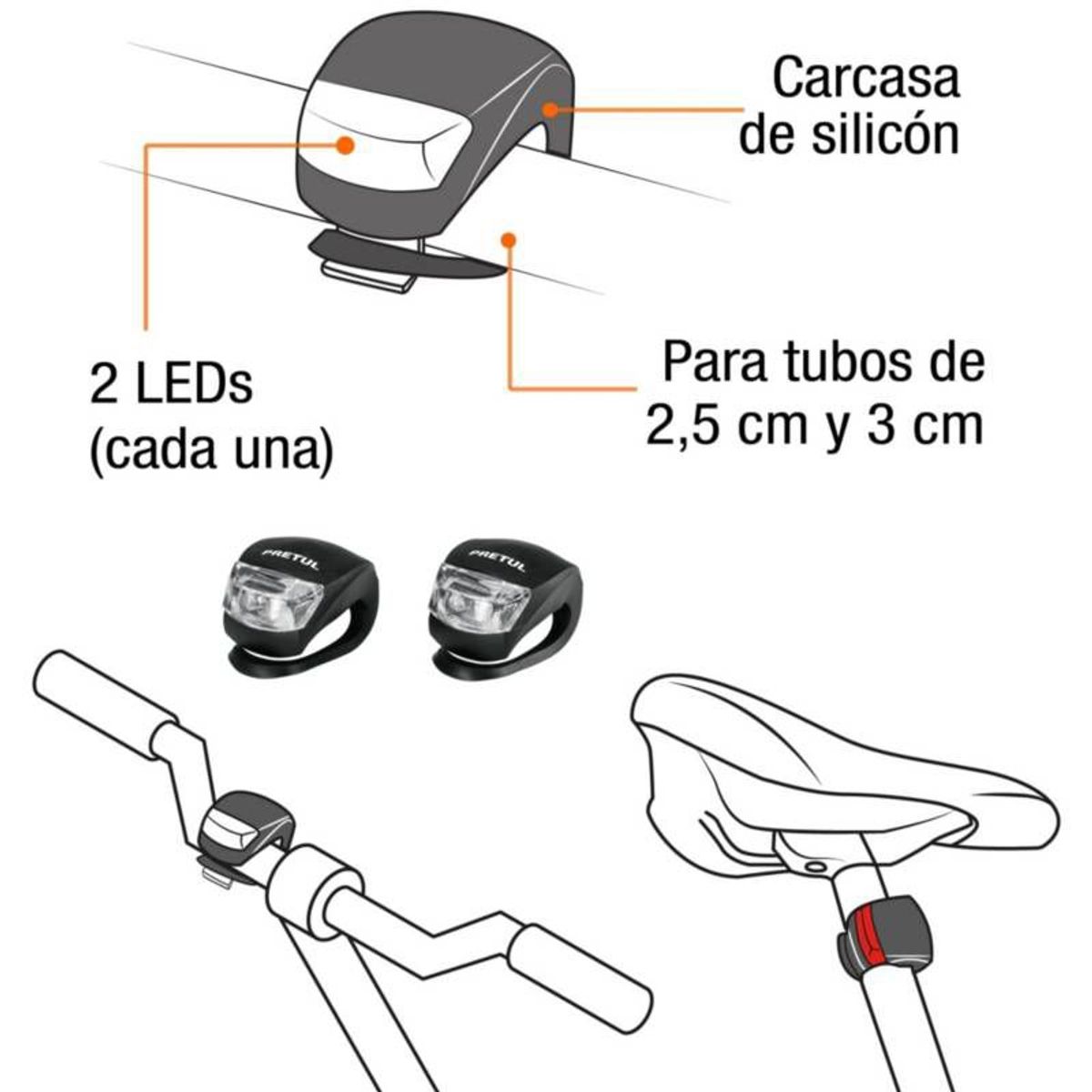 PRETUL - JUEGO LINTERNA LED DELANTERA Y TRASERA PARA BICICLETA