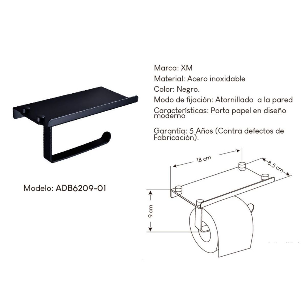 GENERICO - Porta Papel y Celular de Acero inoxidable Negro