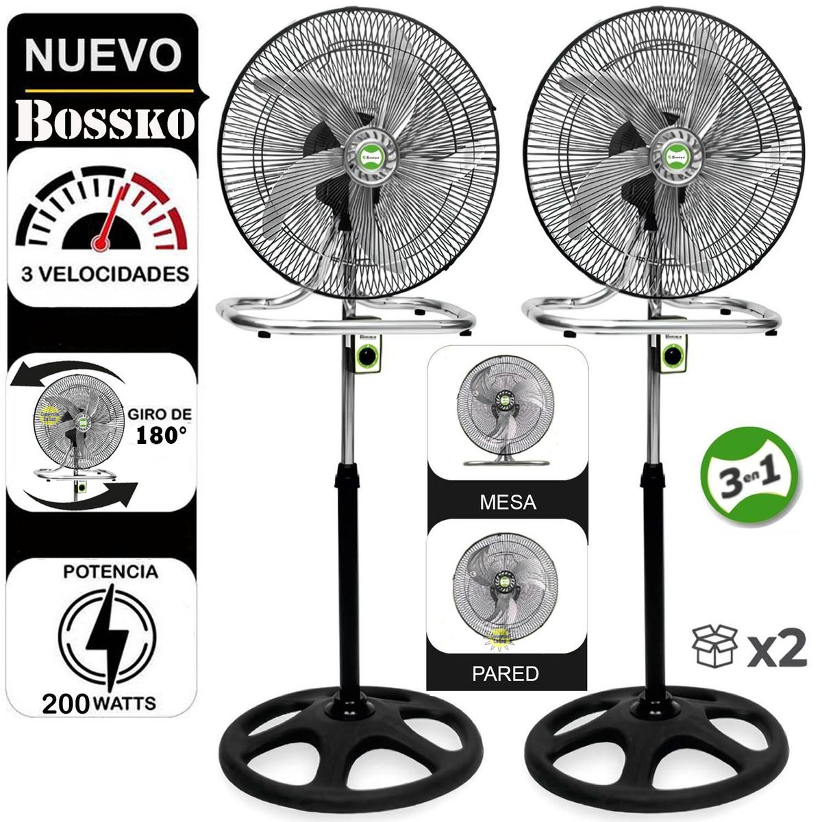 BOSSKO - Ventilador Pedestal 3 en 1 de 18 " 200W BK-8219VING Caja de 2U