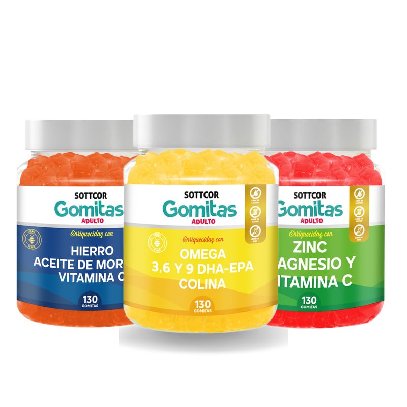 GENERICO - Pack Hierro + Omega + Zinc para Adultos 100 Gr Gomitas Sottcor