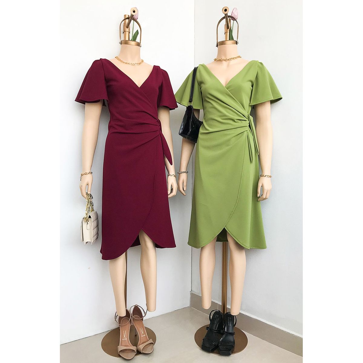 GENERICO - Vestido Coctel Cruzado Manga Removible Tana Color Vino Estacion 108