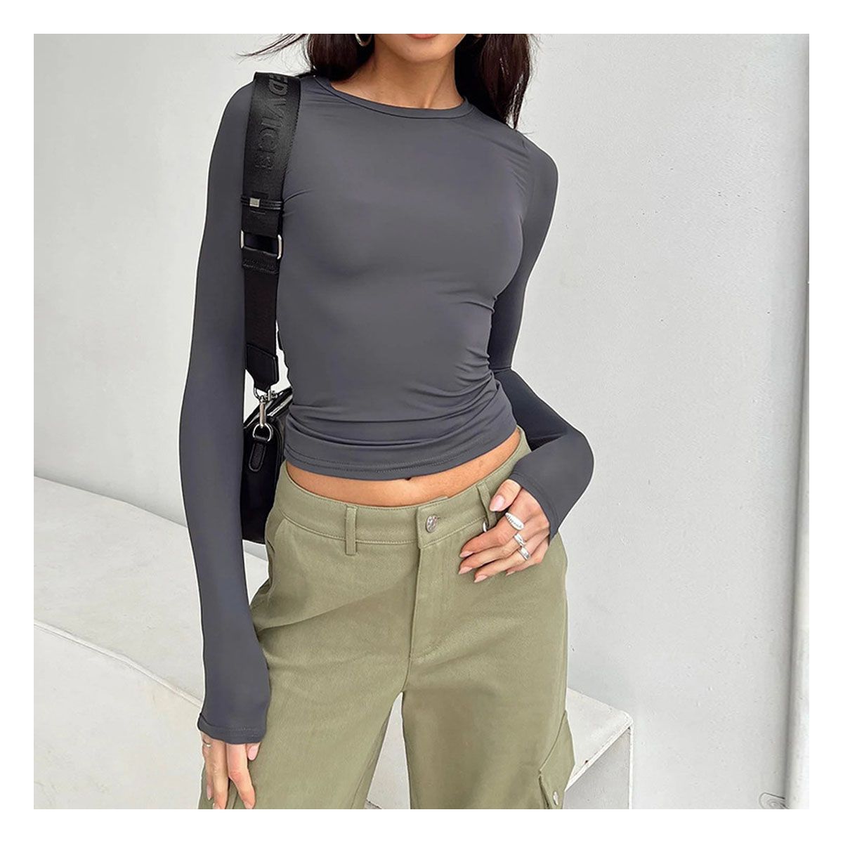 42AROZINA - Camisa de manga larga para mujer, estilo casual, Y2K,  cuello redondo