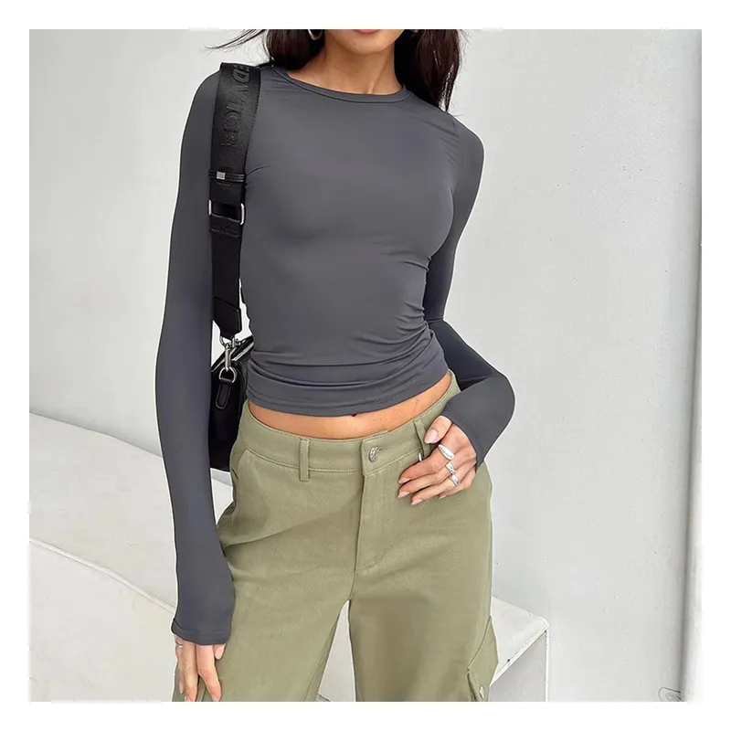 42AROZINA - Camisa de manga larga para mujer, estilo casual, Y2K,  cuello redondo