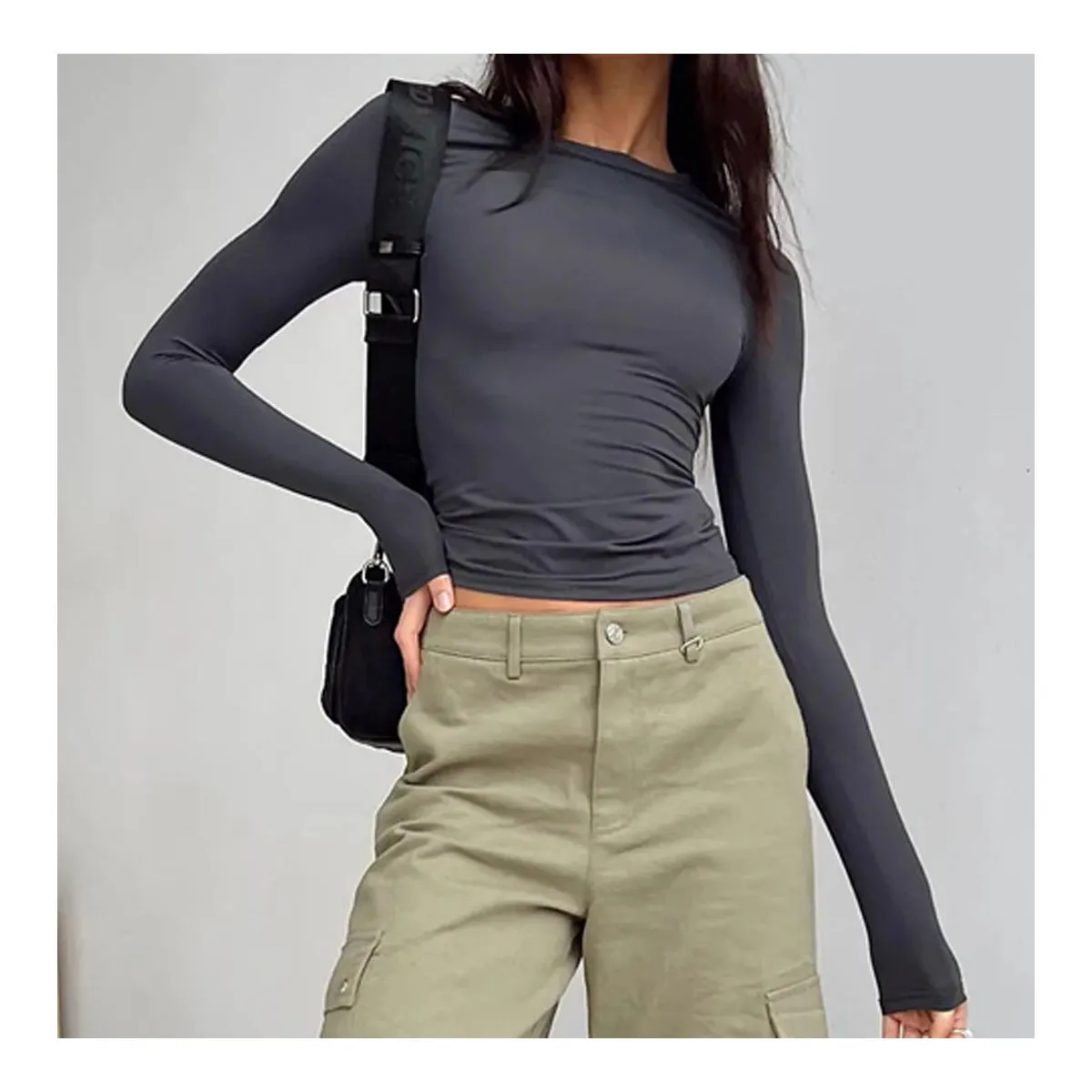 42AROZINA - Camisa de manga larga para mujer, estilo casual, Y2K,  cuello redondo