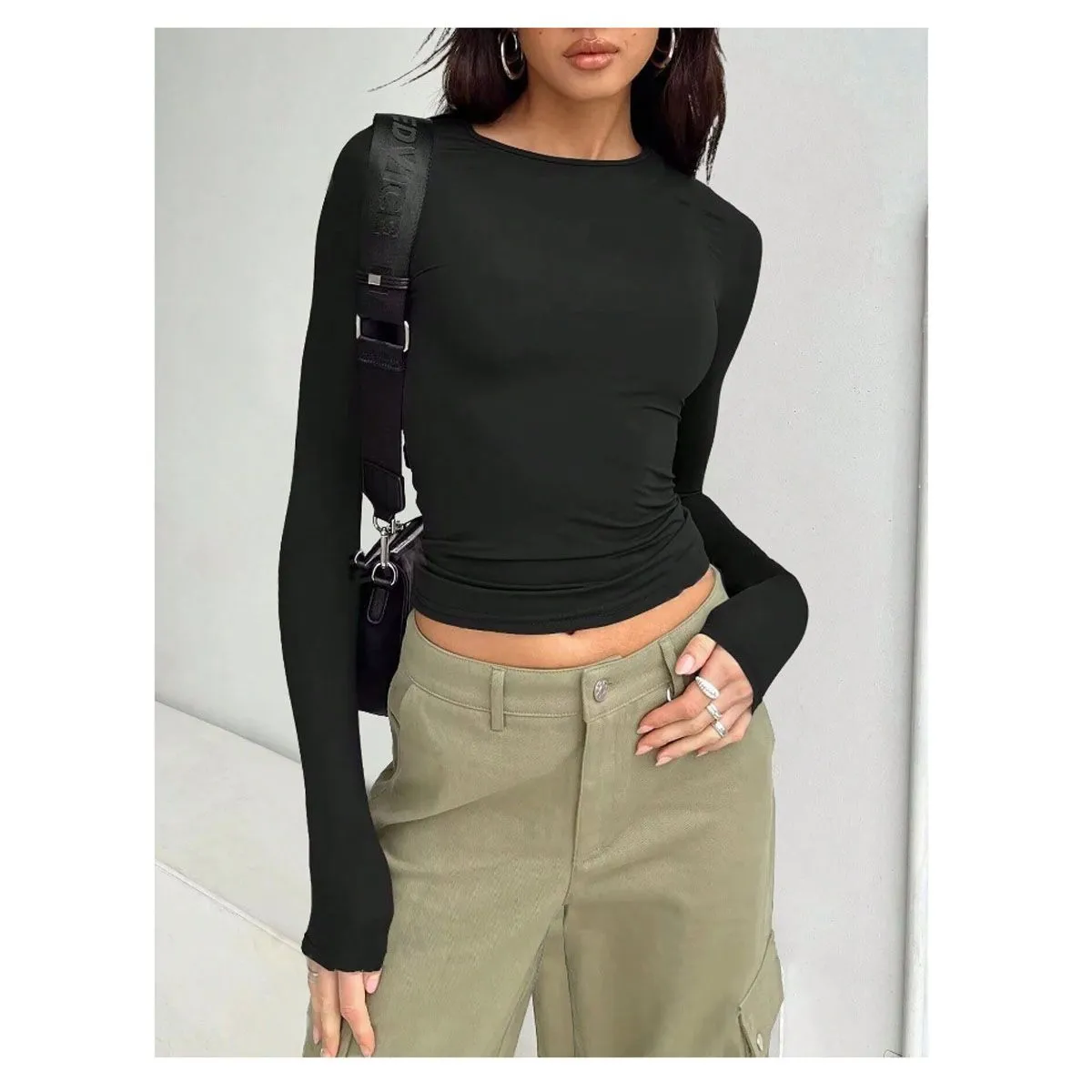 42AROZINA - Camisa de manga larga para mujer, estilo casual, Y2K,  cuello redondo