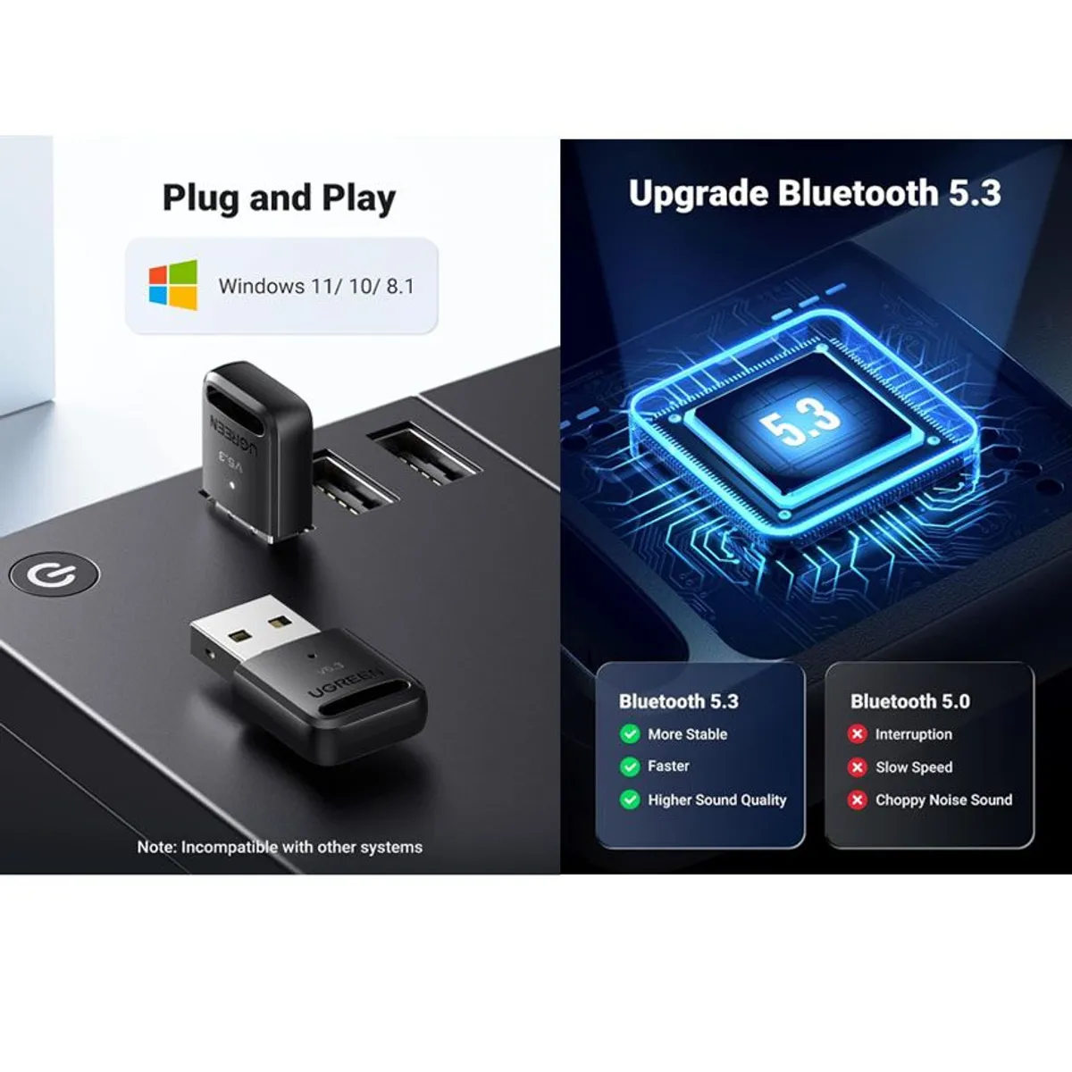 UGREEN - Adaptador USB Ugreen 5.3 Bluetooth PC Laptop Transmisor Recepto Dongle