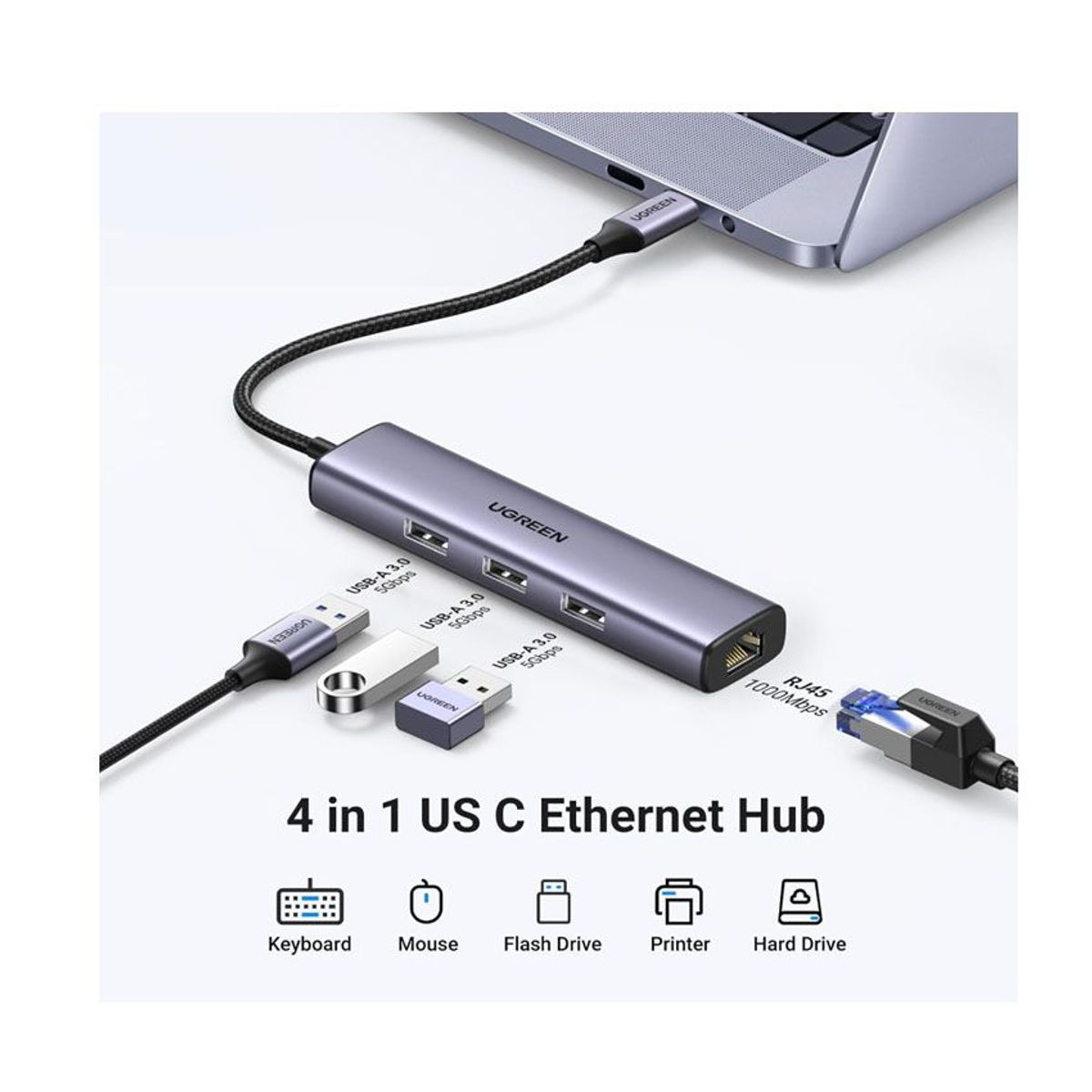 UGREEN - Adaptador Ugreen USB-C 4en1 HUB Gigabit RJ45 USB para MacBook Laptop