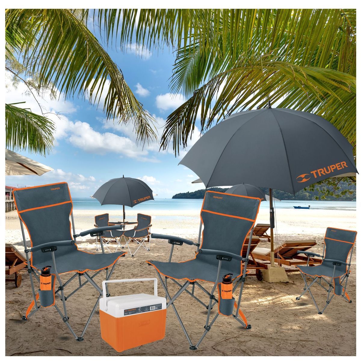 TRUPER - Sillas de playa y camping cooler hielera Truper COMBO PLAYITA