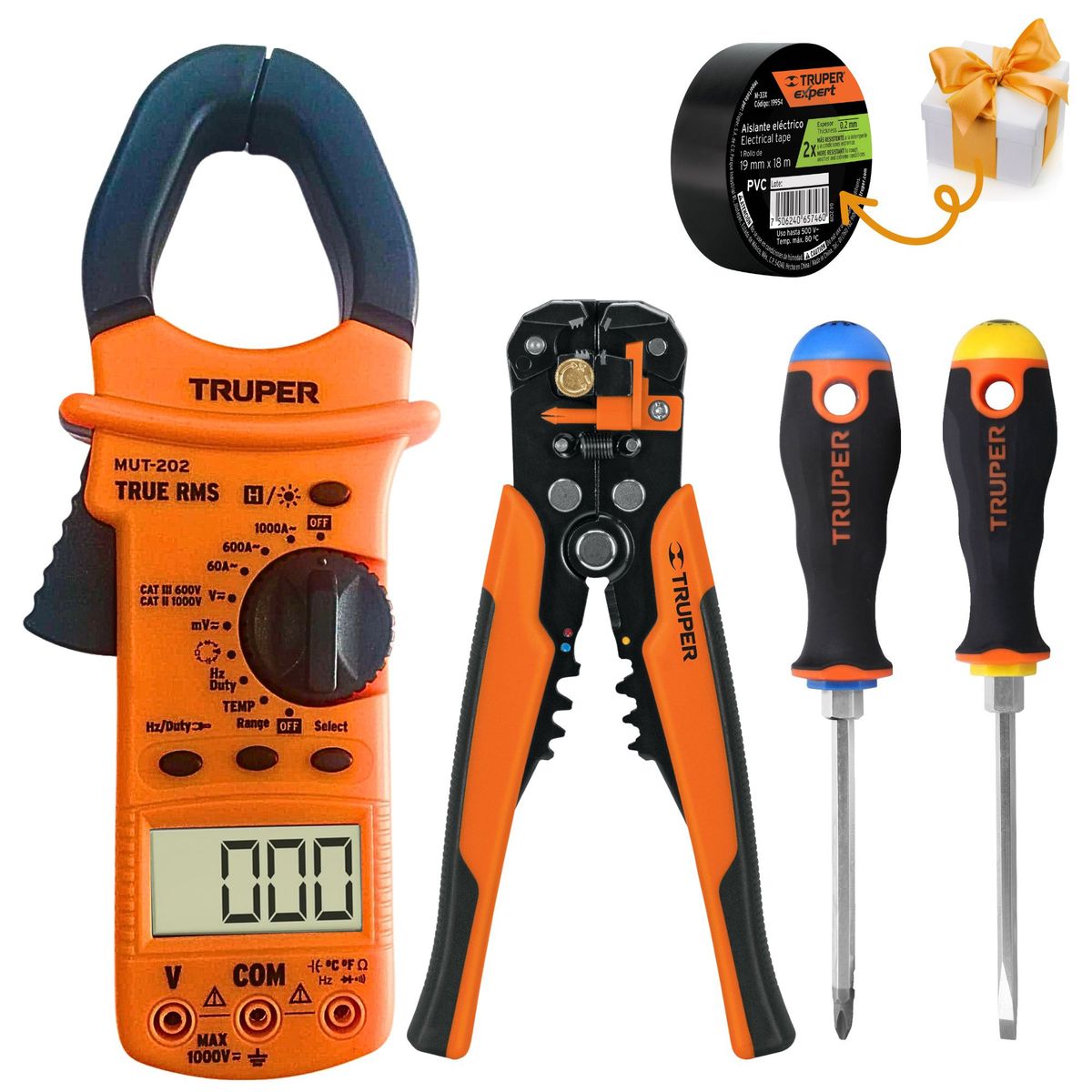 TRUPER - kit pinza amperimétrica pelacable automático ponchador 2 desarmadores
